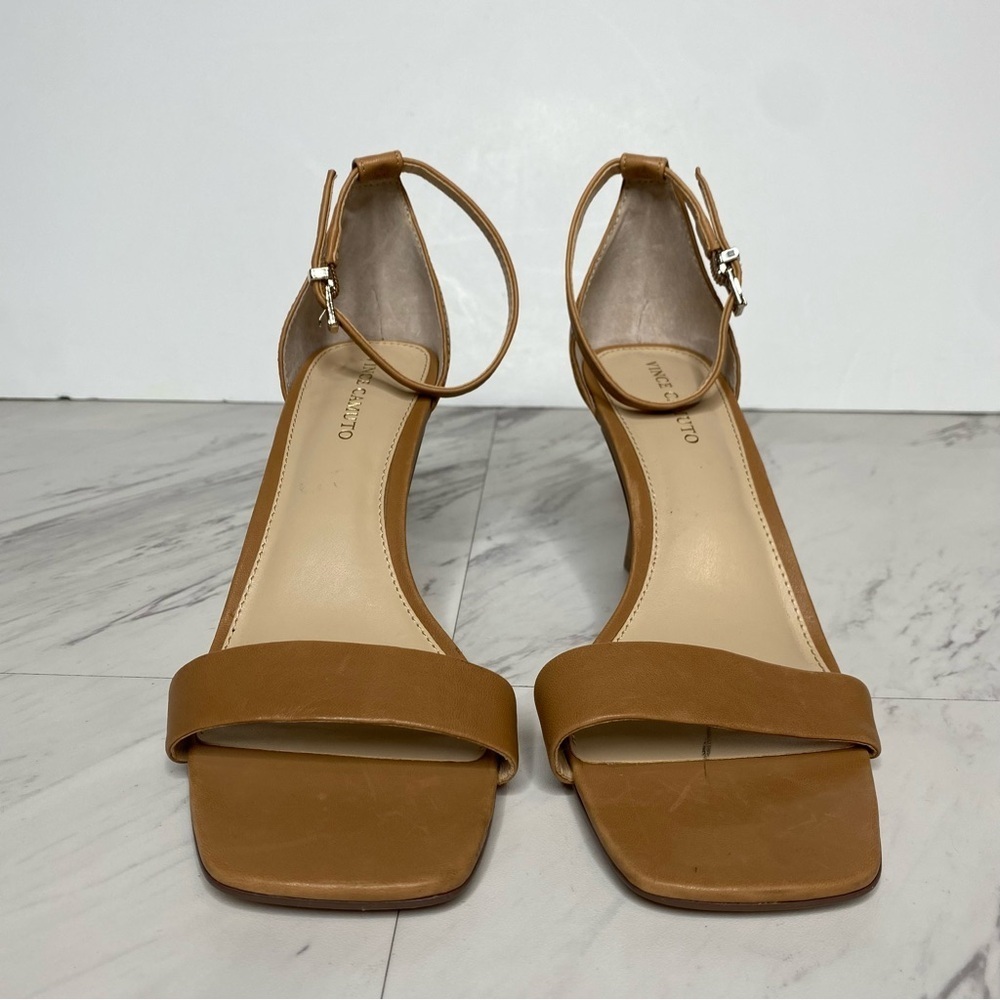 Vince Camuto Enella Square Toe Brown Leather Heel Sandal 7 1/2 M - Picture 2 of 12